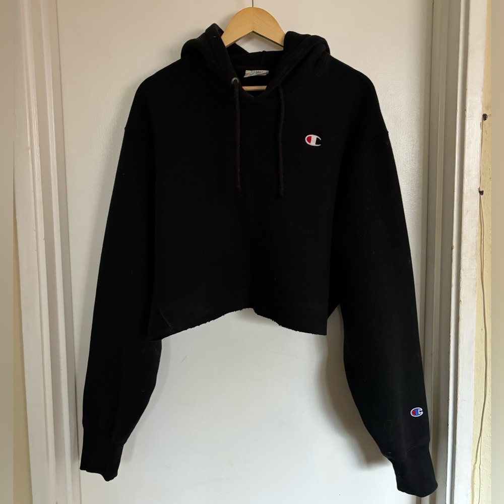 Champion Reverse Weave Cropped Hoodie Sweatshirt Black XL